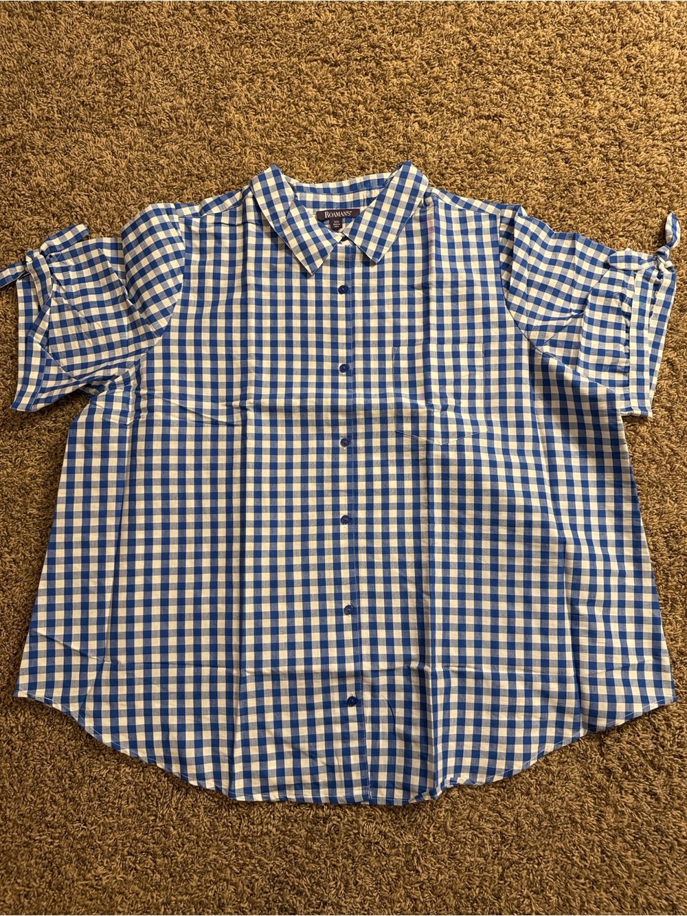 Roaman's Blue and White Gingham Button-Down Shirt - 24W